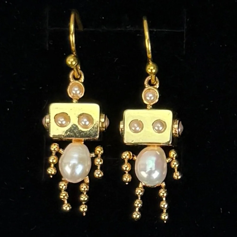Goldtone Faux Pearl Robot Pierced Earrings